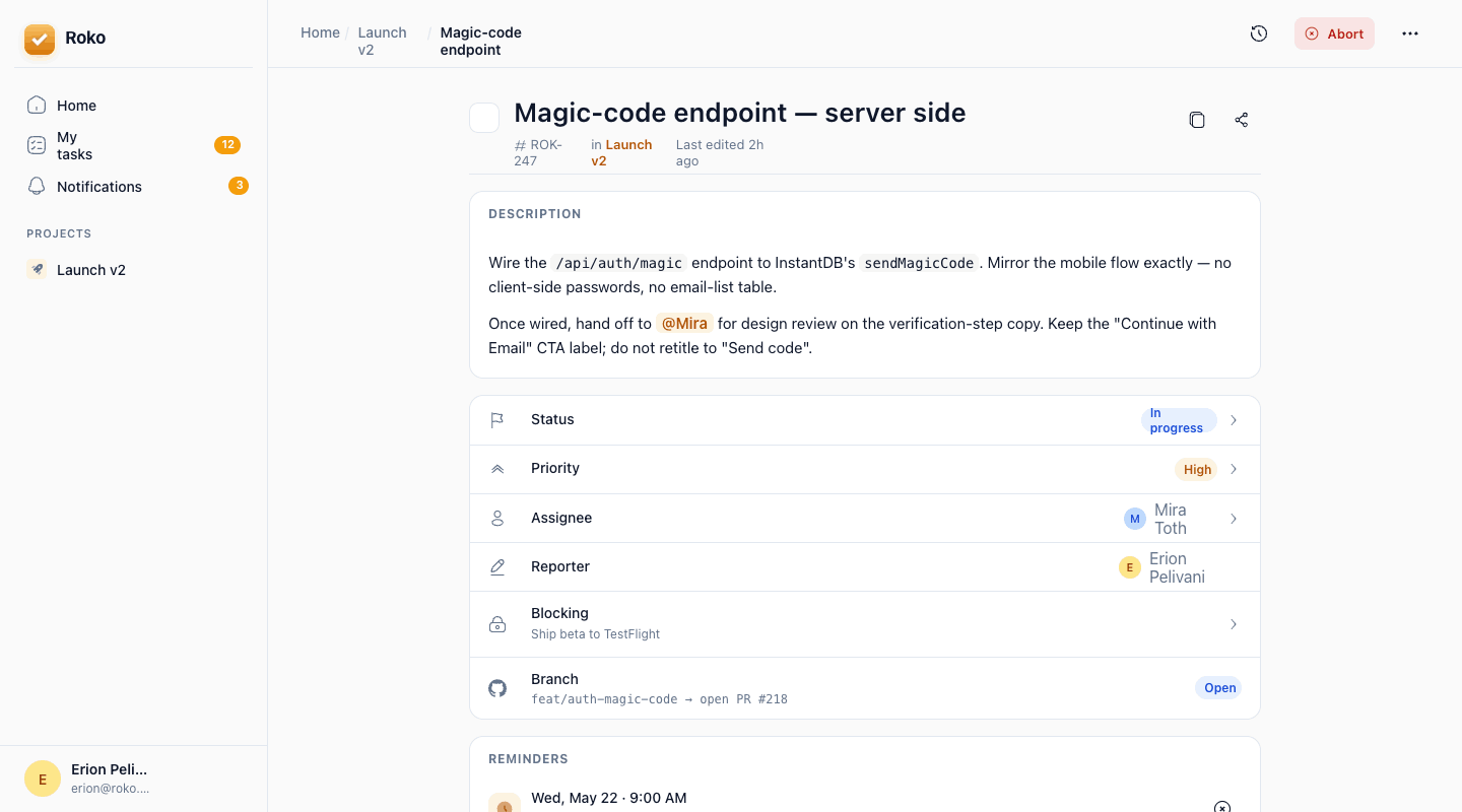 Task detail with status, assignee, GitHub branch and the 14-day status report